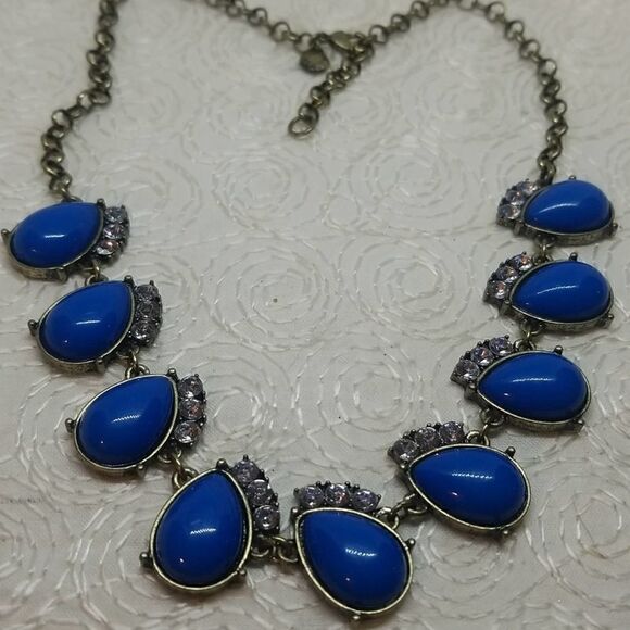 J.Crew Blue Necklace Oval Drop Rhinestone Link Station Statement Antique Gold - Picture 2 of 9